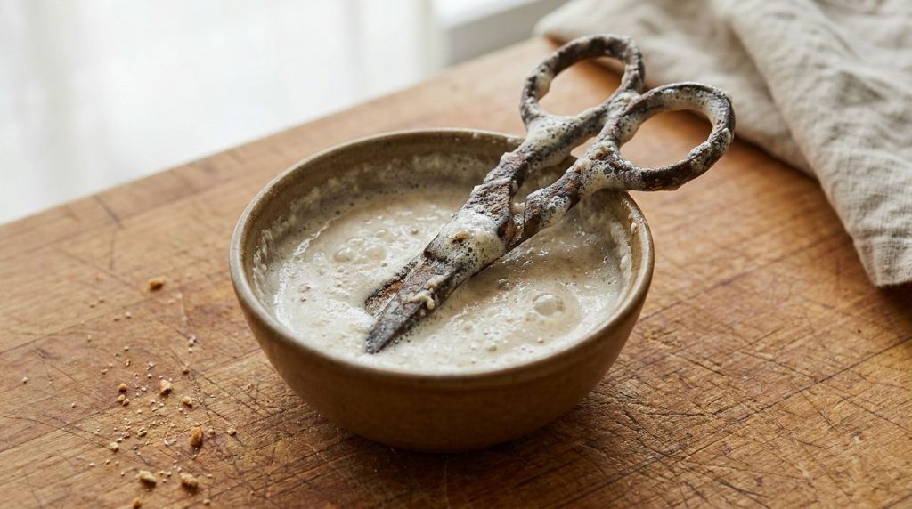 A pair of rusted scissors coated with a thick paste of baking soda salt and vinegar resting in a small bowl on a kitchen