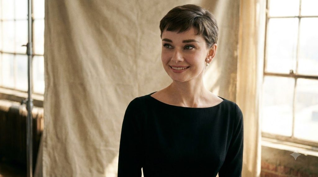 Audrey Hepburn in a elegant pose smiling gently perhaps from an early career photoshoot