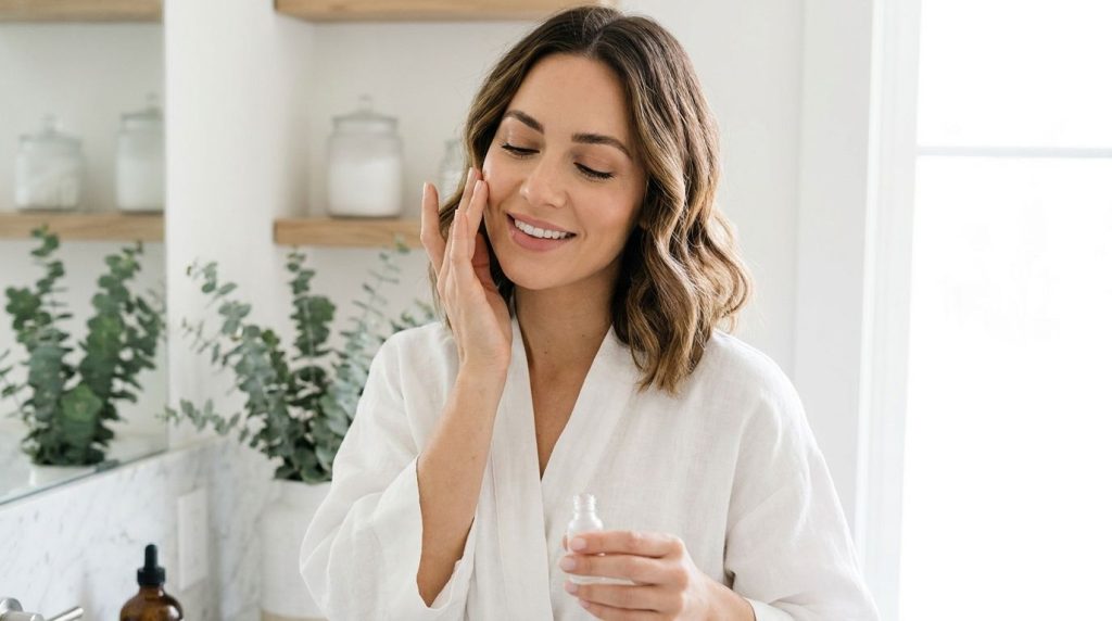 A woman gently applying a small amount of a homemade baby oil blend to her face with her fingertips her skin looking sof