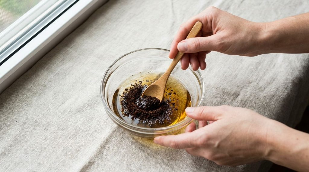 A close-up shot of hands mixing coffee grounds with baby oil in a small glass bowl demonstrating the preparation of the 