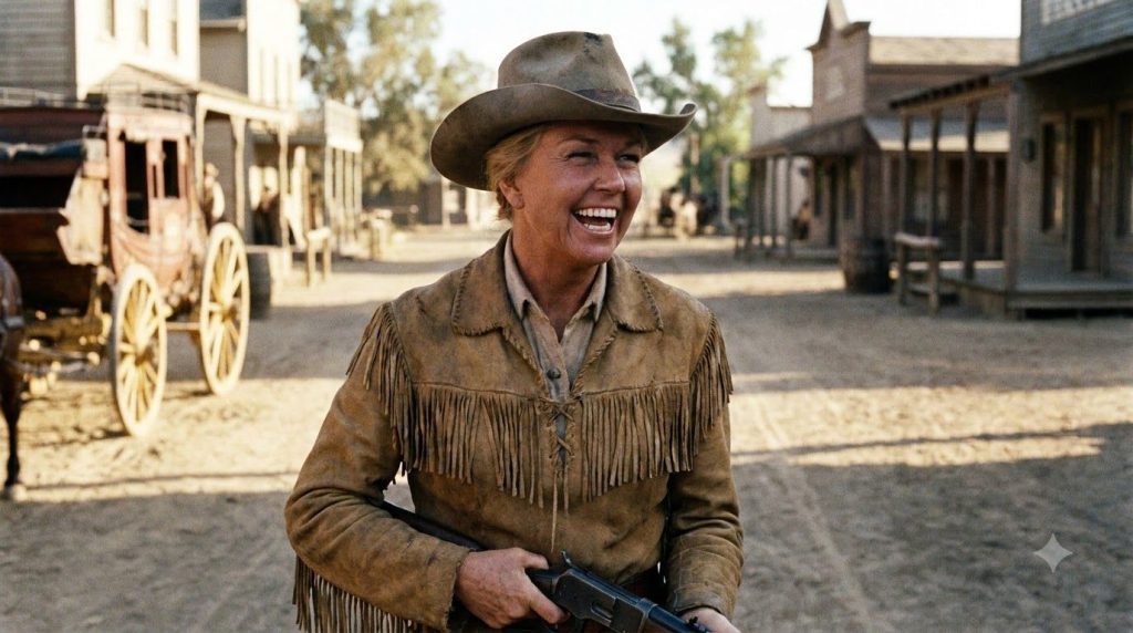 Doris Day as Calamity Jane dressed in a cowboy hat and buckskin looking spirited and ready for adventure