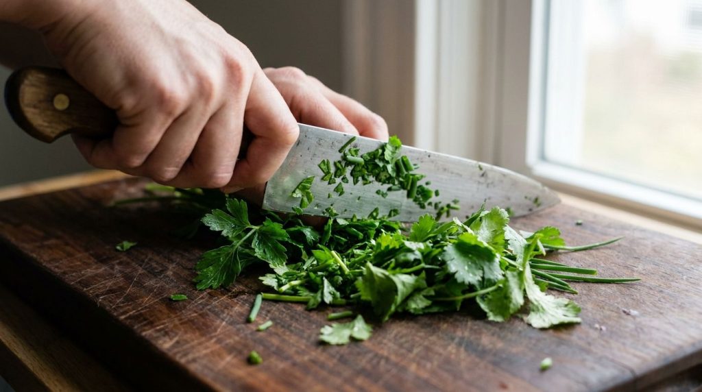 A hand finely chopping fresh green herbs on a wooden cutting board with a sharp chef s knife