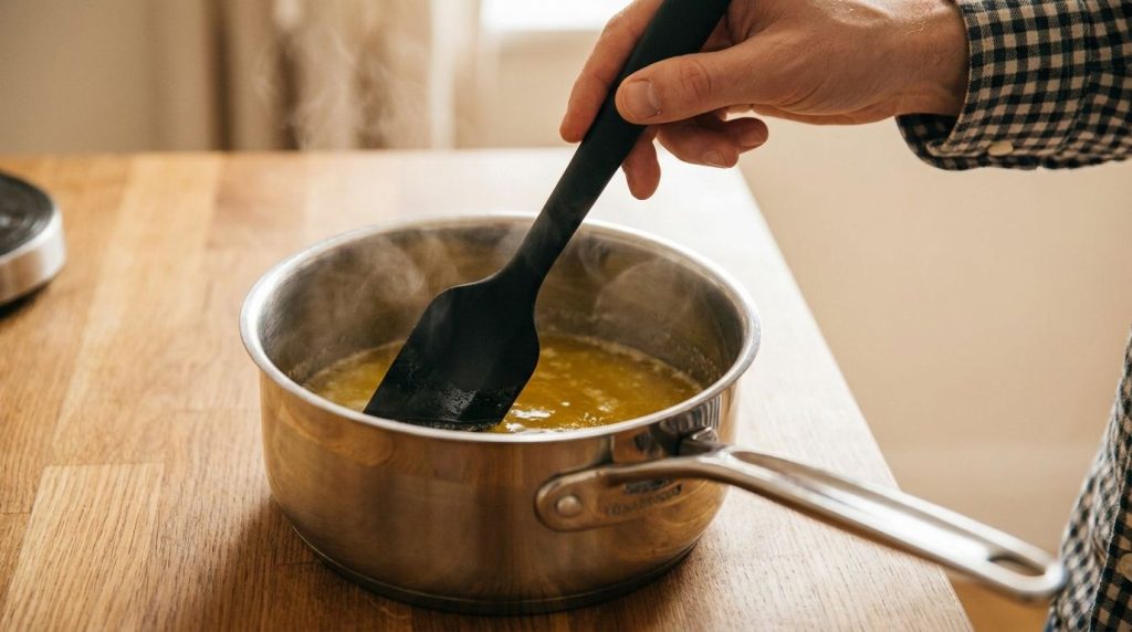 A close-up of a hand gently stirring melted butter in a small saucepan with a silicone spatula