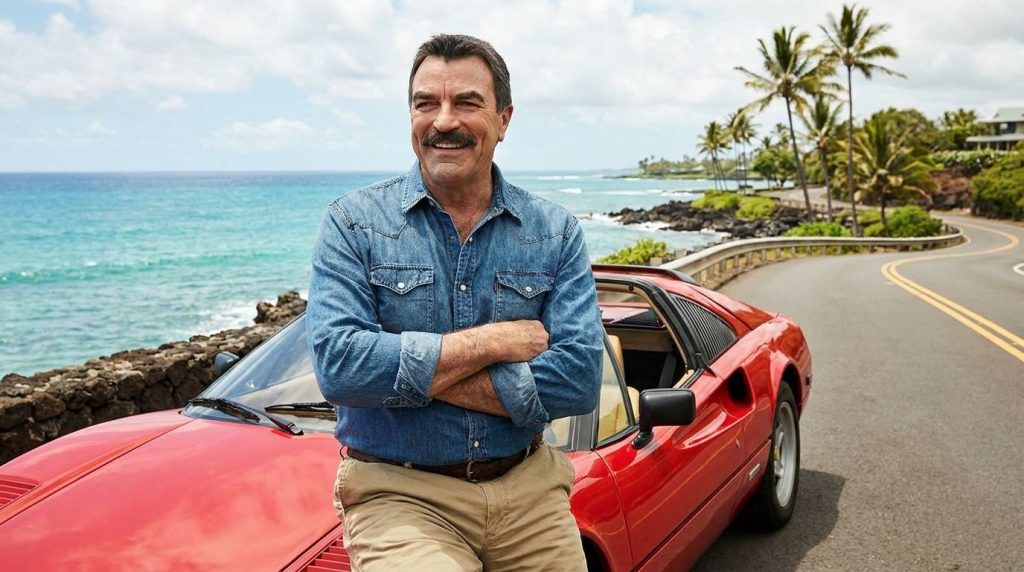 Tom Selleck in character as Thomas Magnum from Magnum P I with a Ferrari and a Hawaiian backdrop