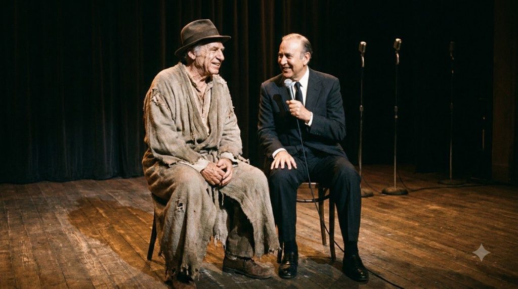 Mel Brooks and Carl Reiner performing their 2000 Year Old Man routine on stage with Brooks in character looking ancient 