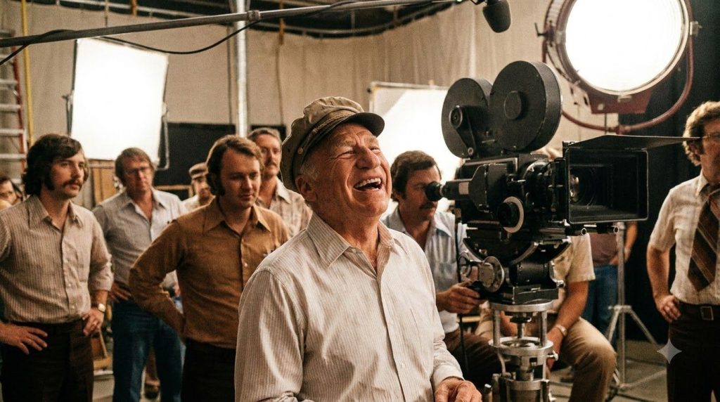 Mel Brooks on a film set perhaps directing a scene with a vintage movie camera in the background