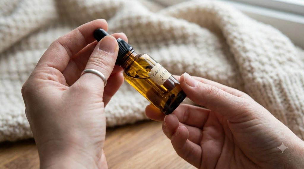 Hands mixing baby oil and vitamin E oil in a small glass dropper bottle