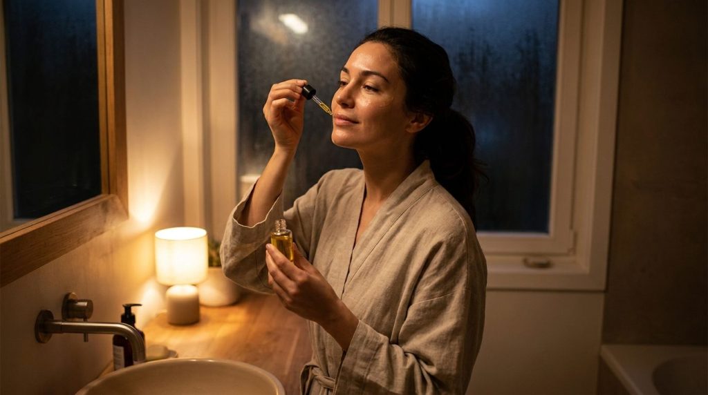 A woman gently massaging a few drops of the homemade baby oil and vitamin E blend onto her face at night