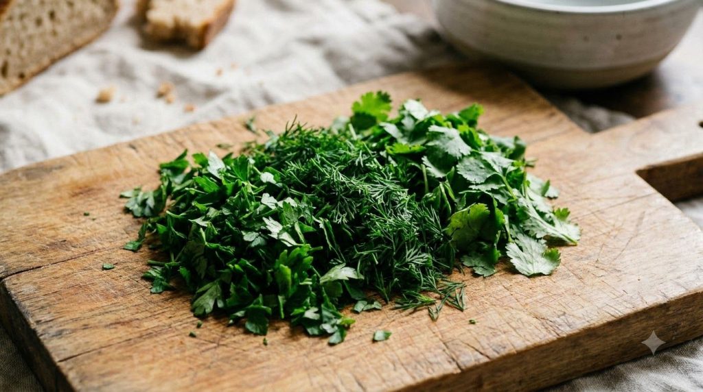 Finely chopped fresh herbs like parsley dill and cilantro on a wooden cutting board ready to be added to yogurt sauce