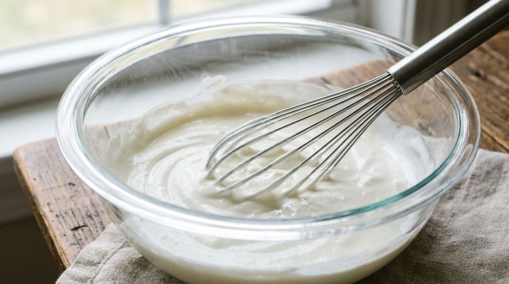 A close-up of plain Greek yogurt in a mixing bowl with a whisk ready for sauce preparation