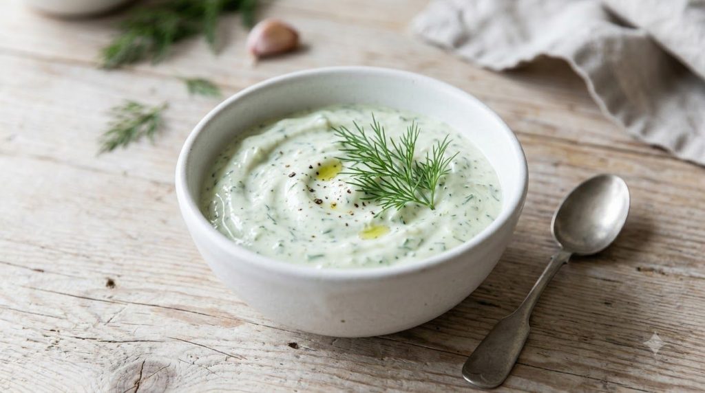 A small bowl of freshly made herb and garlic high-protein yogurt sauce garnished with a sprig of dill ready for serving
