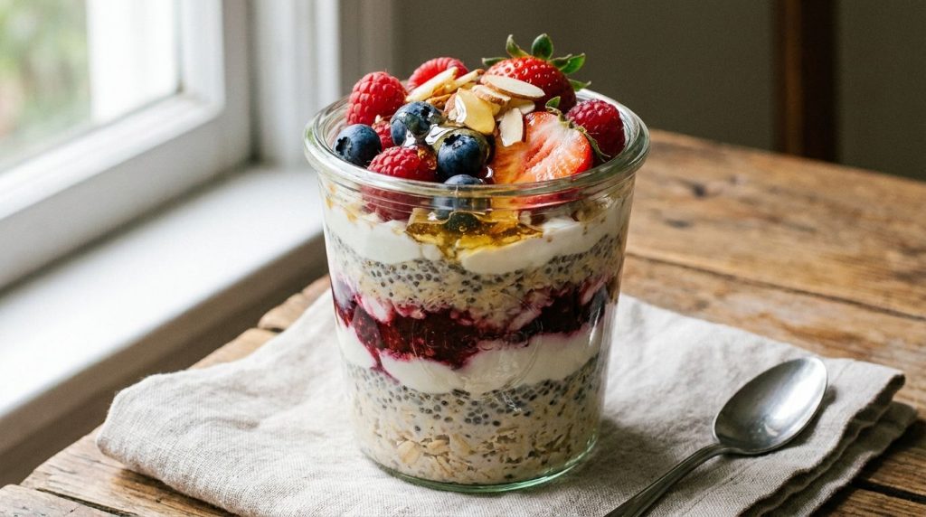 A close-up shot of a glass jar filled with layered overnight oats topped with fresh fruit and nuts ready to be eaten for