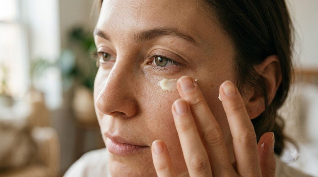 A person gently dabbing the coffee-Vaseline mixture under their eye with a fingertip showing careful application of the 