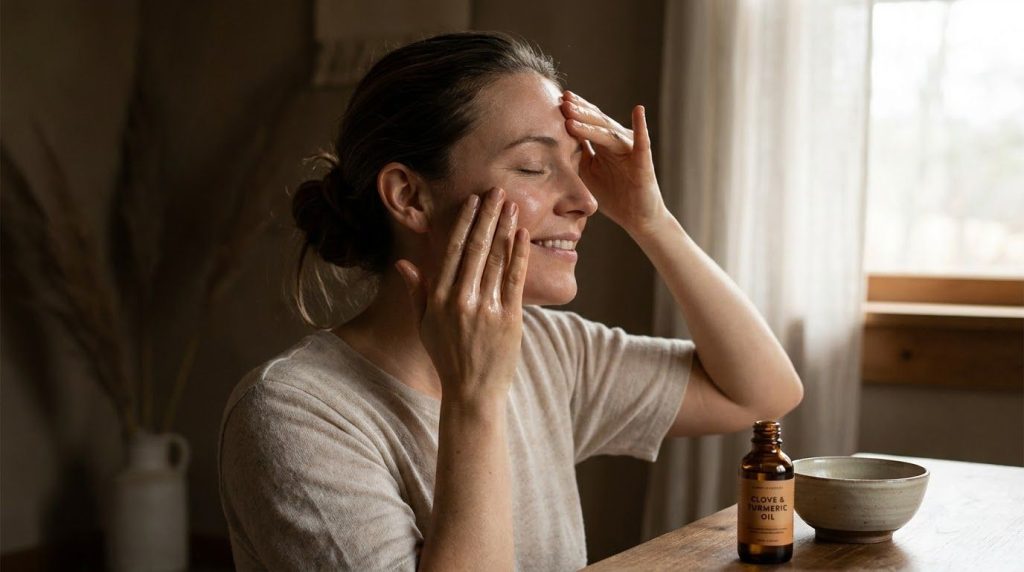 A woman gently massaging the clove and turmeric oil onto her face focusing on her cheeks and forehead with a serene expr