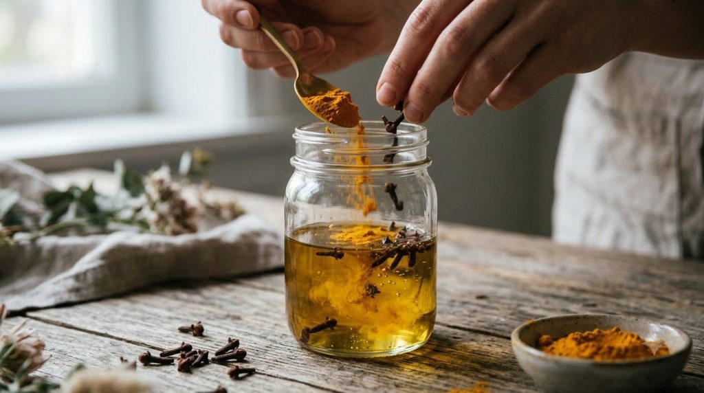 Close-up shot of whole cloves and turmeric powder being added to a glass jar with carrier oil illustrating the oil infus