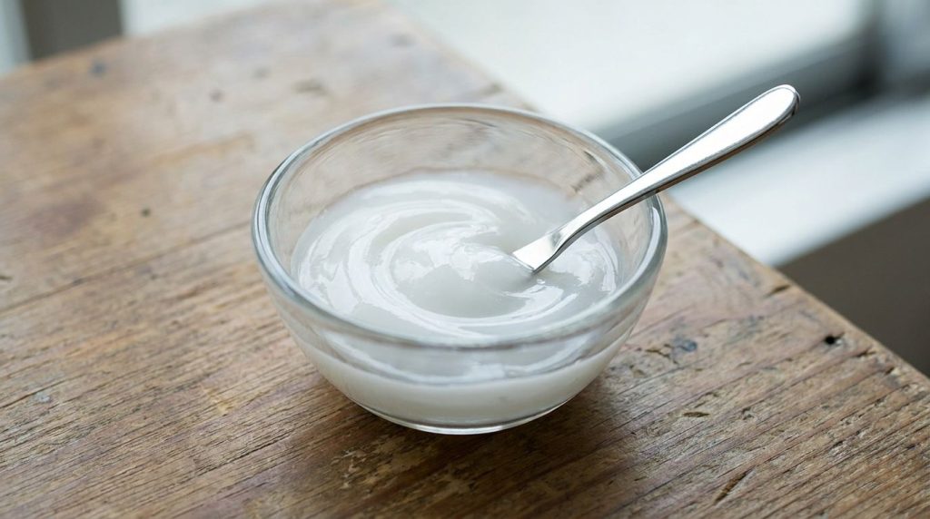 A close-up of a small glass bowl containing the creamy white 3-ingredient night gel with a small spatula blending the in