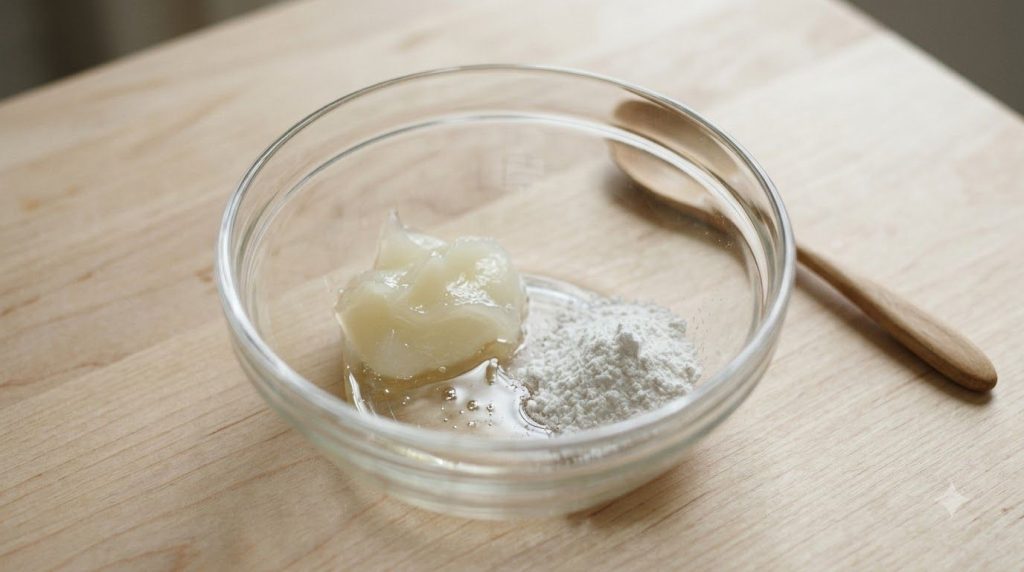 Close-up of a glass bowl with Vaseline baby oil and finely milled rice powder ready to be mixed with a small spoon