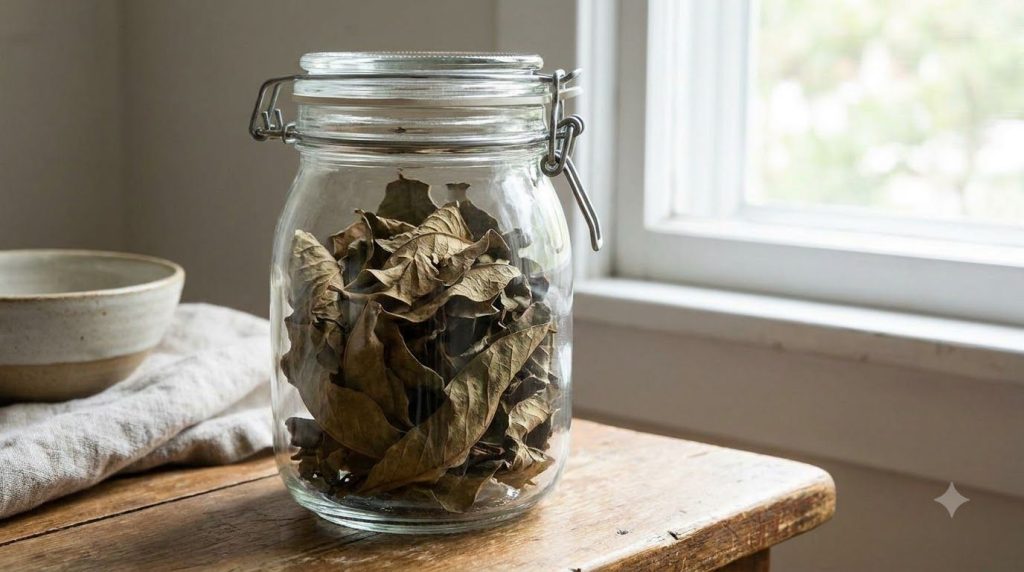 A variety of dried guava leaves neatly arranged in a glass jar for storage indicating proper preservation