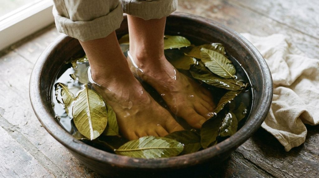 A close-up of a basin with warm brownish-green guava leaf water with someone s feet soaking in it looking relaxed