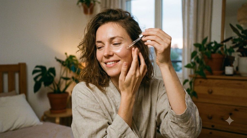 A woman gently applying a few drops of the homemade oil blend to her face at night emphasizing a smooth radiant glow