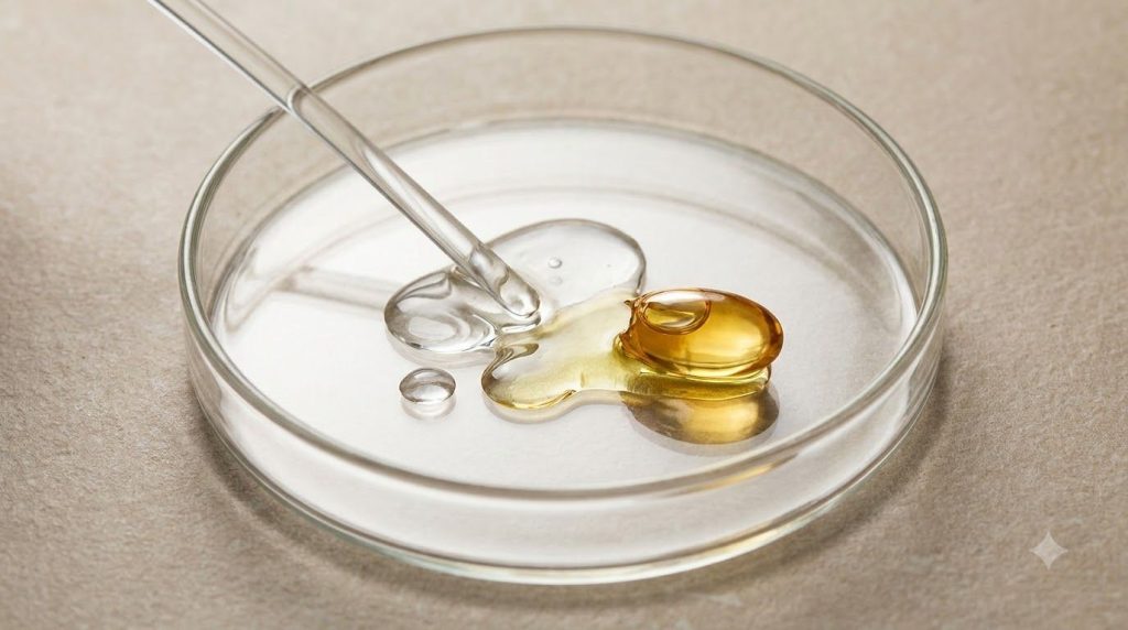 Close-up of baby oil being mixed with the contents of a clear vitamin E capsule in a small glass dish