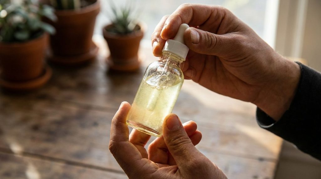 A person s hands gently shaking a small clear dropper bottle filled with the mixed baby oil and Vitamin E oil showing th
