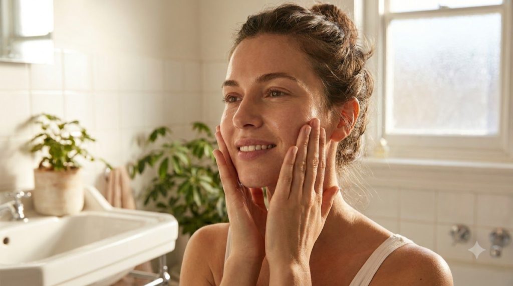 A woman gently patting the rice water and green tea mixture onto her clean face with her hands looking refreshed
