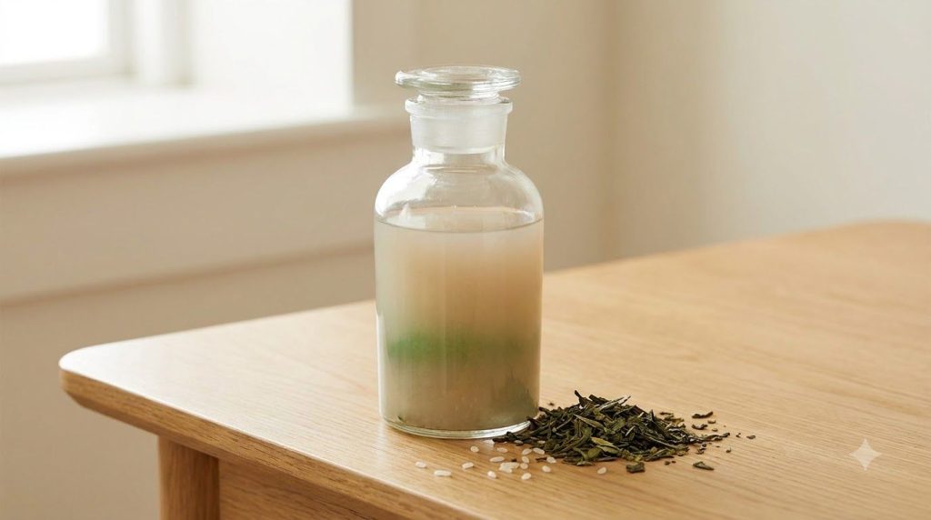 A clear glass bottle filled with the prepared rice water and green tea mixture with a sprig of green tea leaves nearby o
