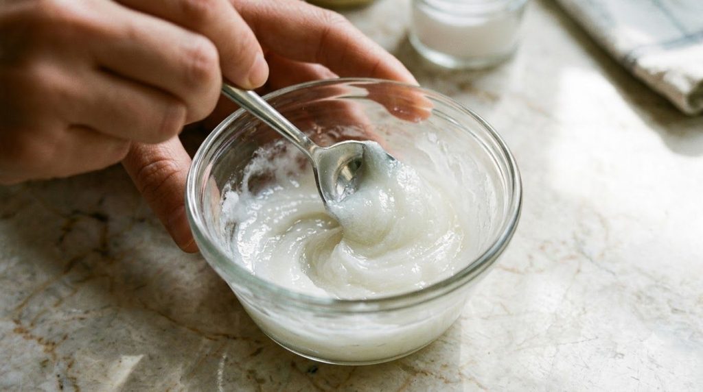 Close-up of a small bowl with Vaseline and baking soda being mixed into a smooth paste
