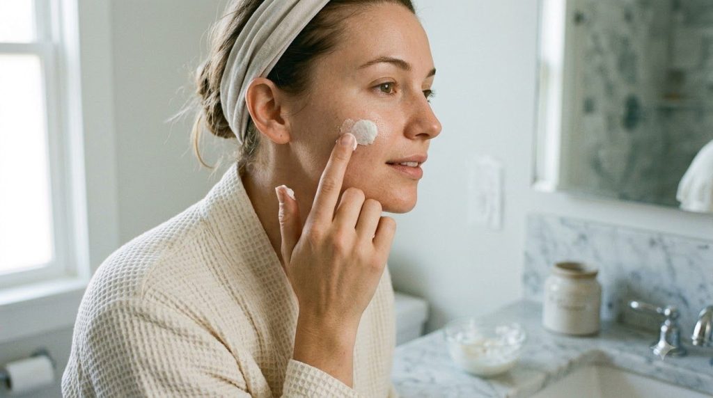 A woman gently applying the Vaseline and baking soda paste to her cheek with a fingertip in a bright bathroom setting