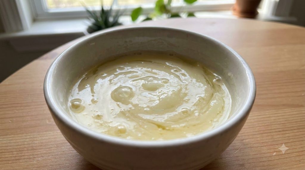 A close-up of the mixed egg white and petroleum jelly in a small bowl showing its slightly unusual creamy texture ready