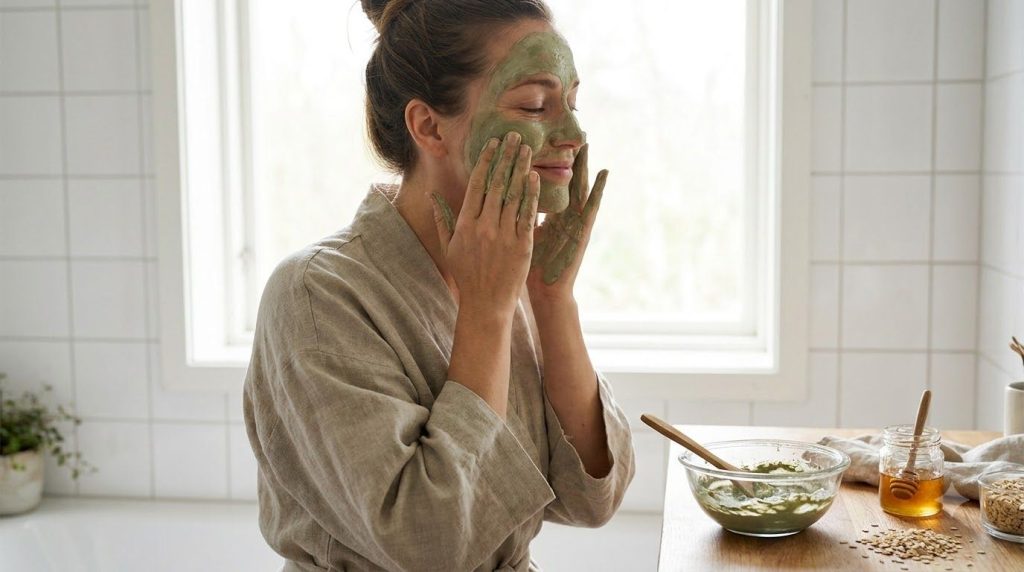 A woman gently applying a DIY mask to her clean face with soft focused hands and a relaxed expression in a well-lit bath
