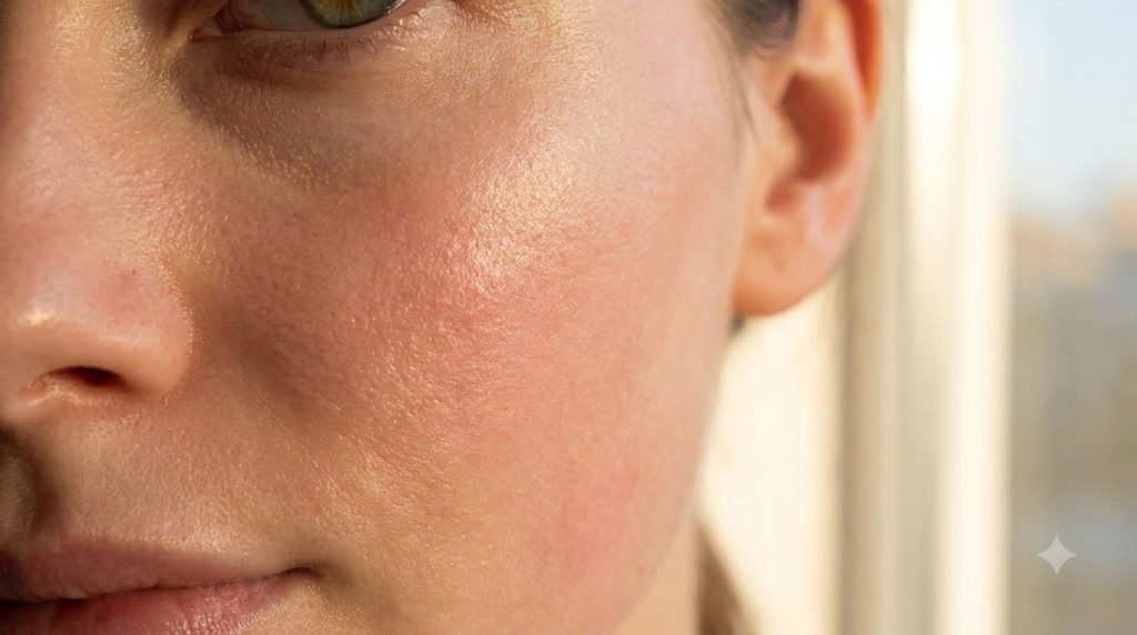 A close-up of smooth glowing skin after applying a beauty remedy showing a healthy and hydrated appearance