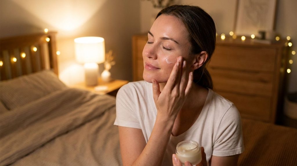 A woman gently applying a thin layer of petroleum jelly to her face at night with a soft warm glow indicating an evening