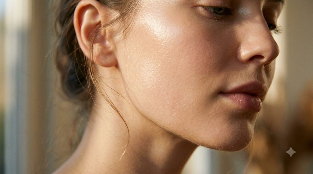 Close-up of radiant smooth skin in the morning showing a soft natural glow after an overnight routine