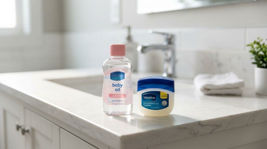 A small bottle of baby oil next to a small tub of Vaseline ready for use on a clean white surface conveying simplicity a