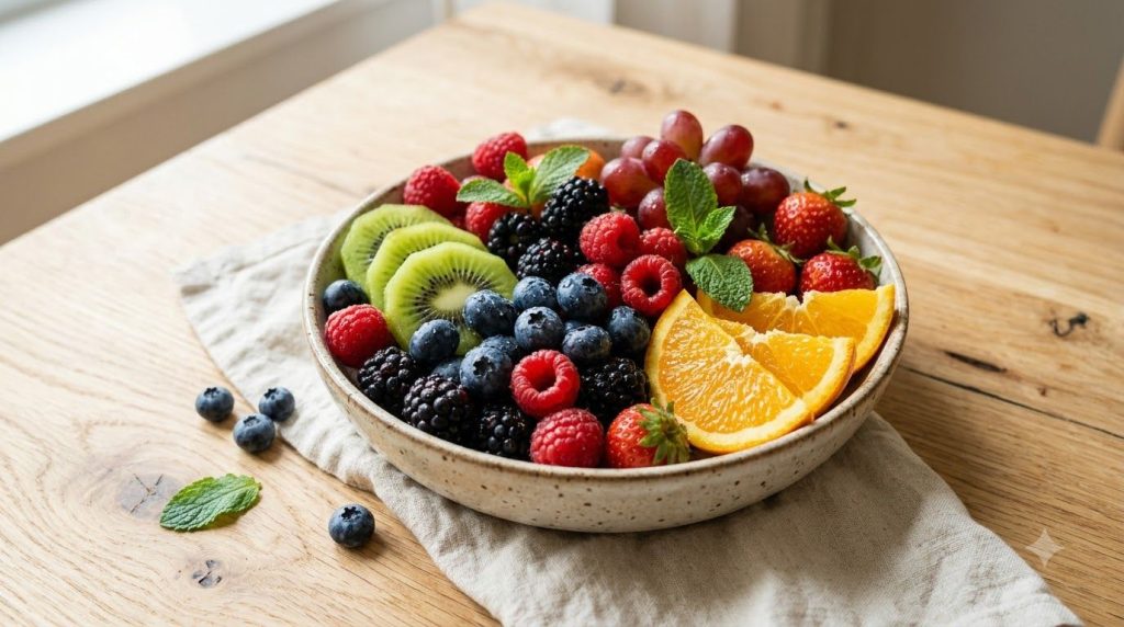 A vibrant bowl of mixed fresh fruits like berries slices of kiwi and orange wedges ready to be eaten as a healthy snack