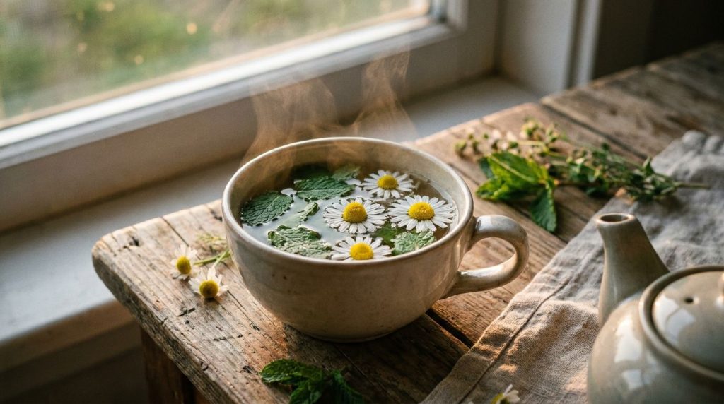 A steaming cup of herbal tea with fresh herbs like mint or chamomile blossoms floating in it on a cozy wooden surface in