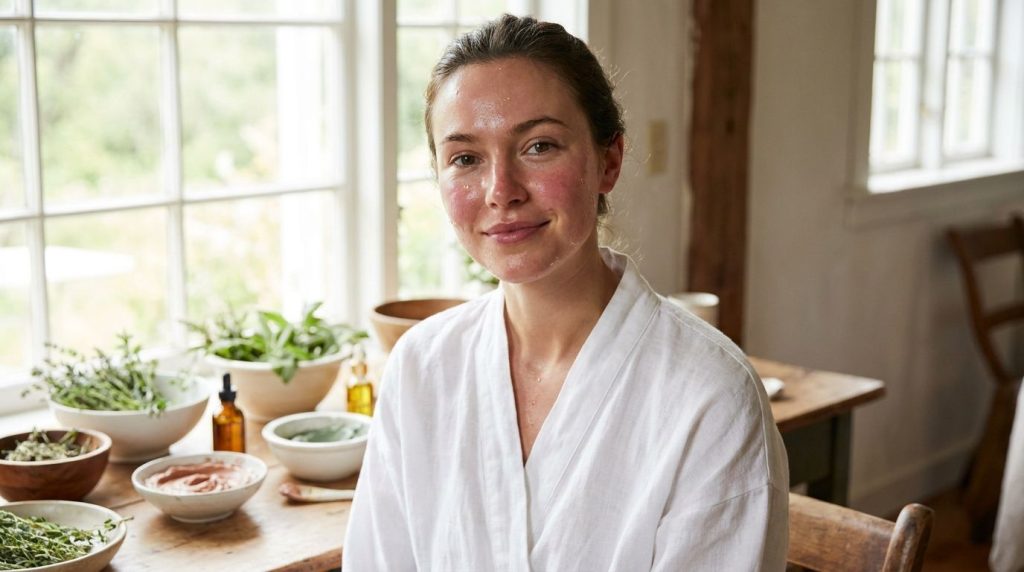 A woman with clear glowing skin smiling softly after using a natural face mask highlighting her fresh complexion