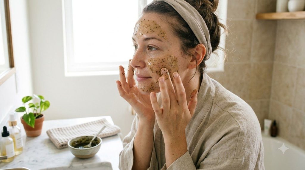 A woman gently applying a green tea and honey face mask to her clean face in a bathroom setting