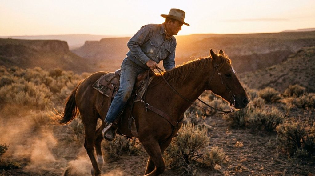 John Wayne in a classic Western film wearing a cowboy hat and riding a horse across a vast landscape