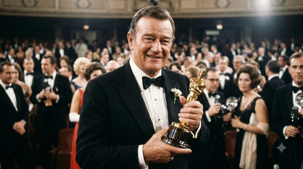John Wayne holding an Academy Award statuette smiling proudly at an awards ceremony
