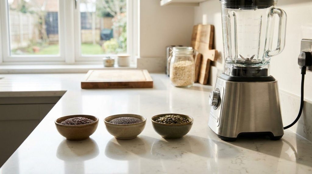 Ingredients laid out on a kitchen counter flax seeds chia seeds and pumpkin seeds in separate small bowls with a blender