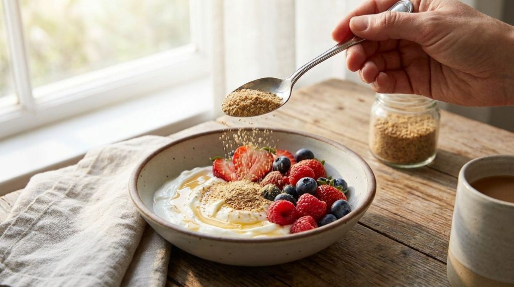A hand sprinkling seed powder into a bowl of yogurt topped with berries showing a healthy breakfast or snack