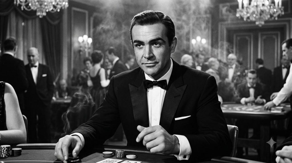 A black and white portrait of a young Sean Connery as James Bond looking dapper and confident