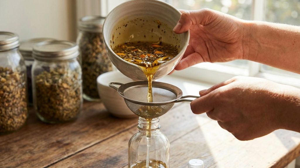 Hands pouring strained infused water with cloves fenugreek and rice into a clear spray bottle