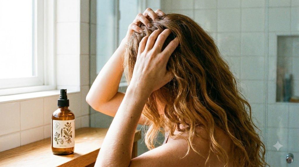 A woman gently massaging her scalp with fingertips after applying a homemade hair growth spray with a soft focus on her 