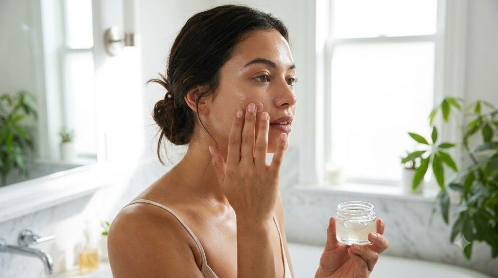 A woman applying the homemade glass skin face cream to her face showing a smooth radiant complexion