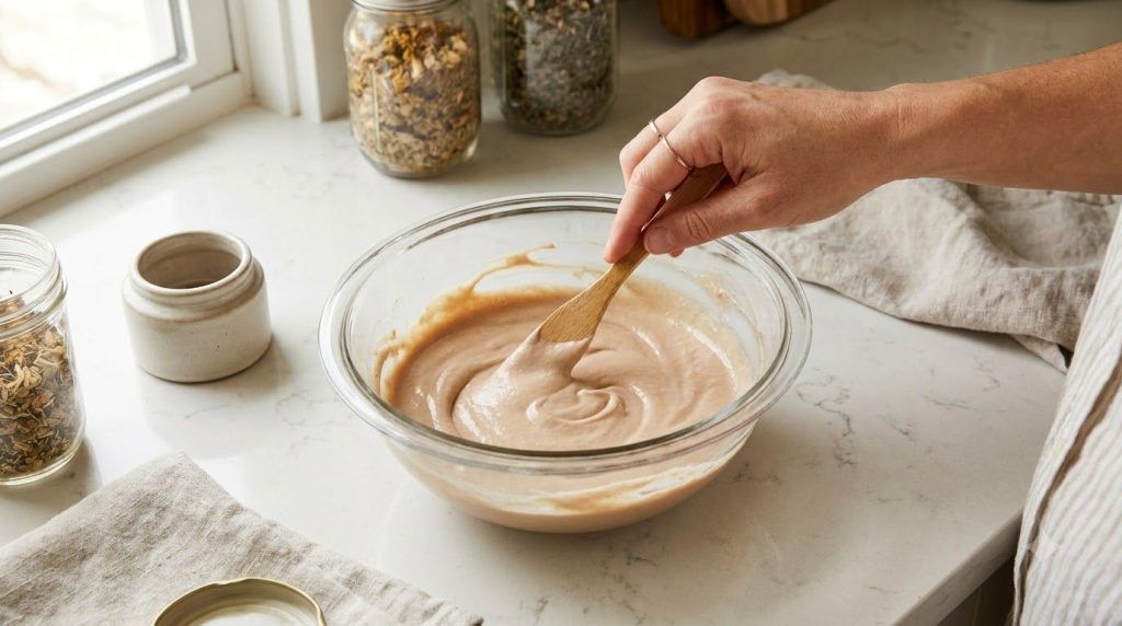 A woman s hand mixing the homemade glass skin face cream in a bowl showing the creamy texture
