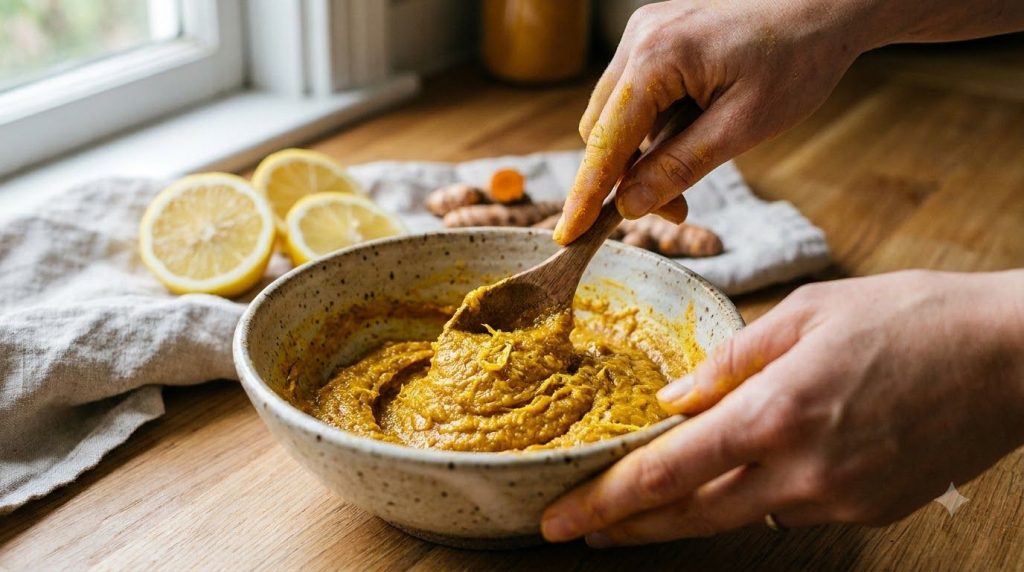 A close-up shot of hands mixing a yellow turmeric paste in a small bowl with sliced lemons and turmeric root in the back